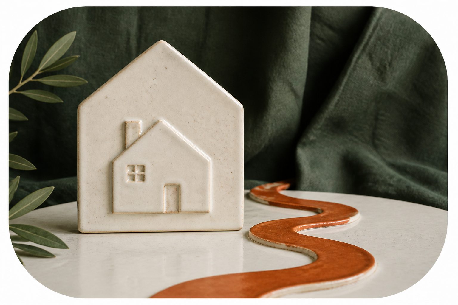 Ceramic house plaque and a winding glazed path on a porcelain tabletop